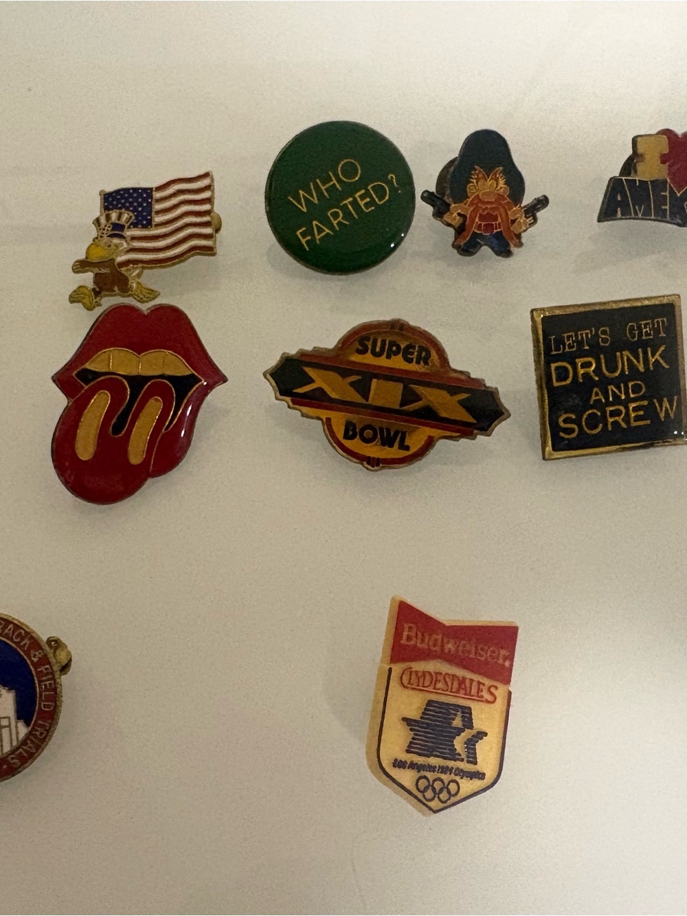 Vintage Enamel Pin Lot - 1984 Olympics, Super Bowl XIX, Rolling Stones